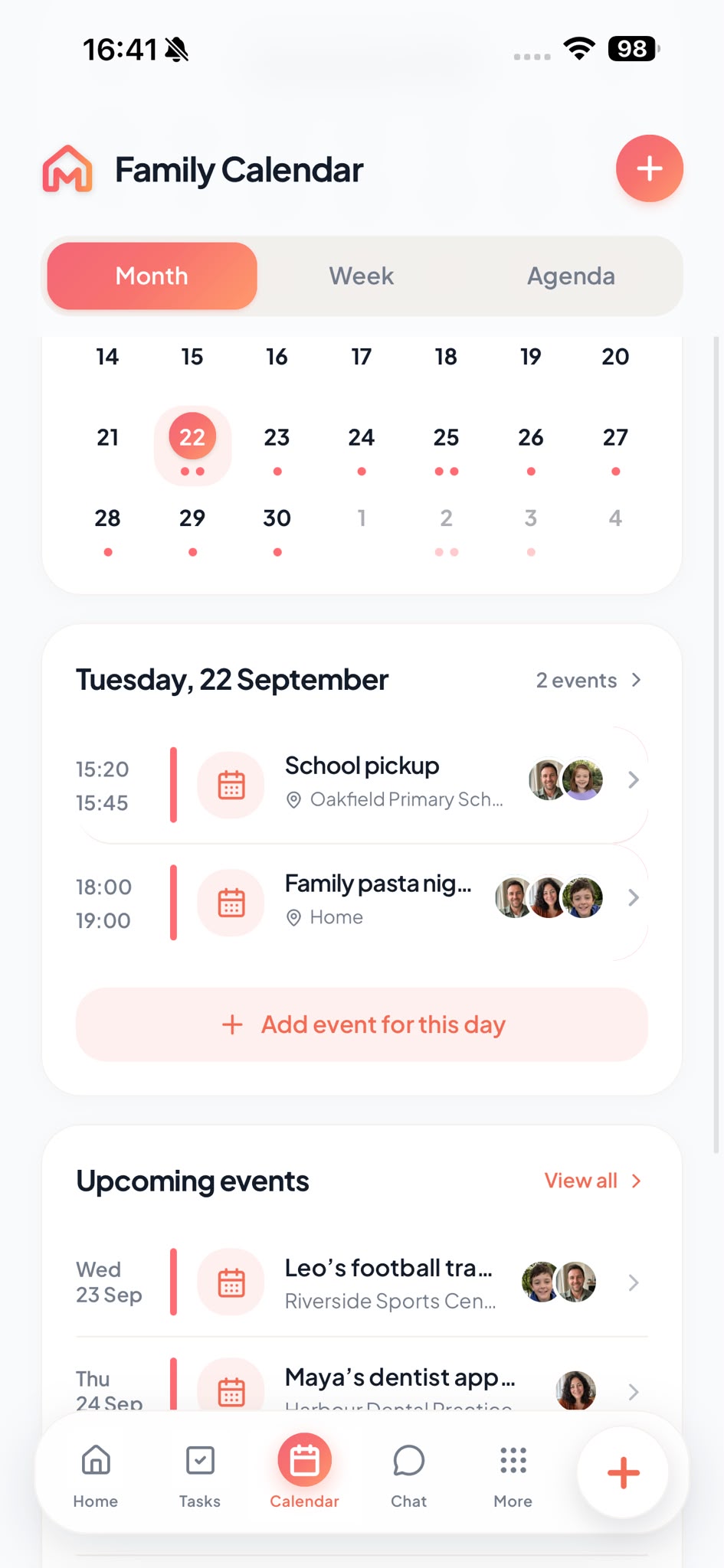 Real Lerra Family Calendar screen with the Month tab selected, events for Tuesday 22 September and upcoming events