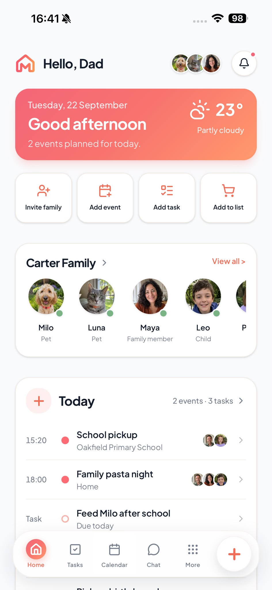 Lerra home screen showing the family overview, today's plans and quick actions